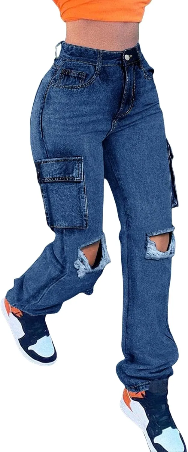Women Ripped High Waisted Jeans Regular Fit Boyfriend Distressed Denim Pants with Hole Blue