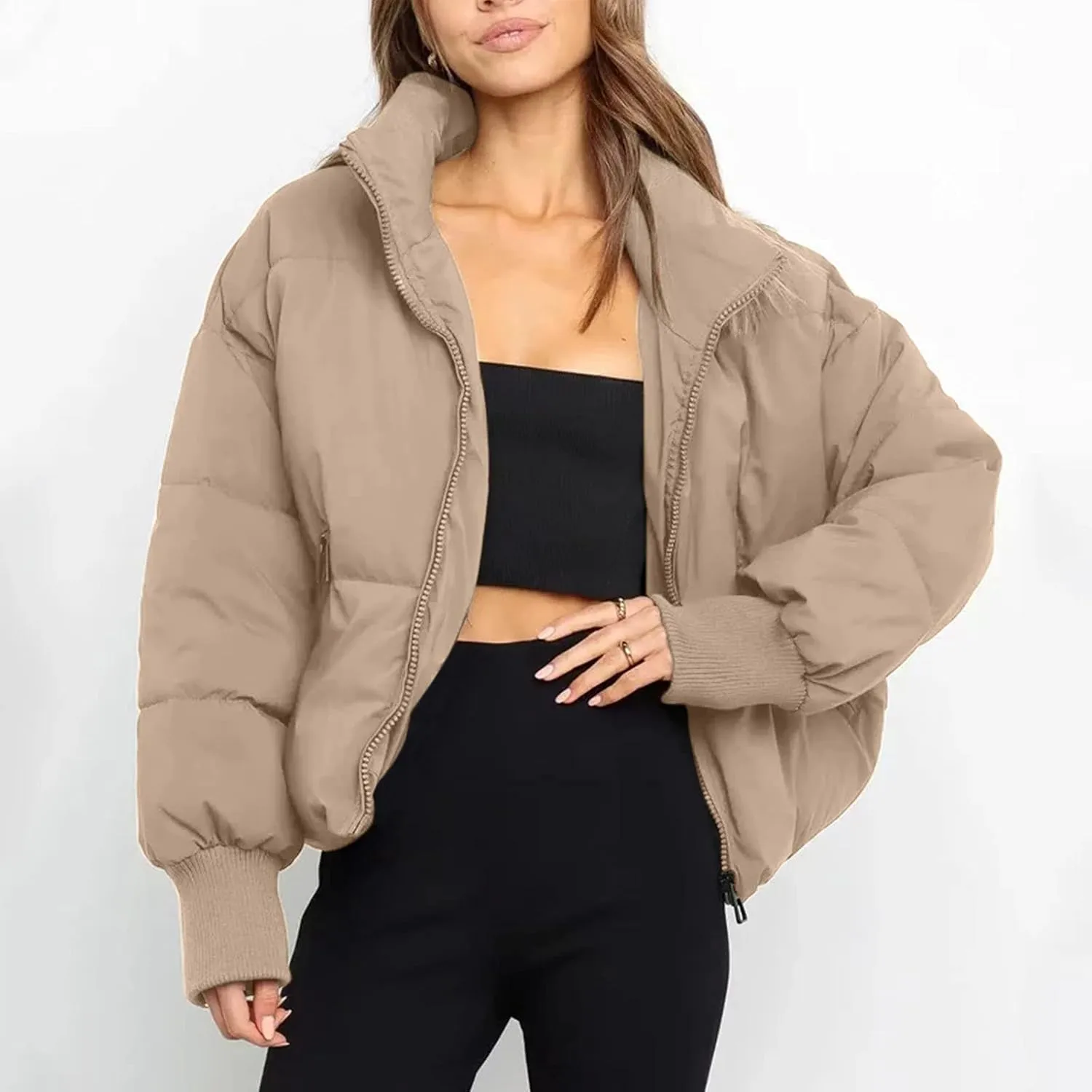 Women' s Winter Cropped Quilted Puffer Jacket Warm Down Coats Lightweight Oversized Zip Stand Collar Casual Outerwear