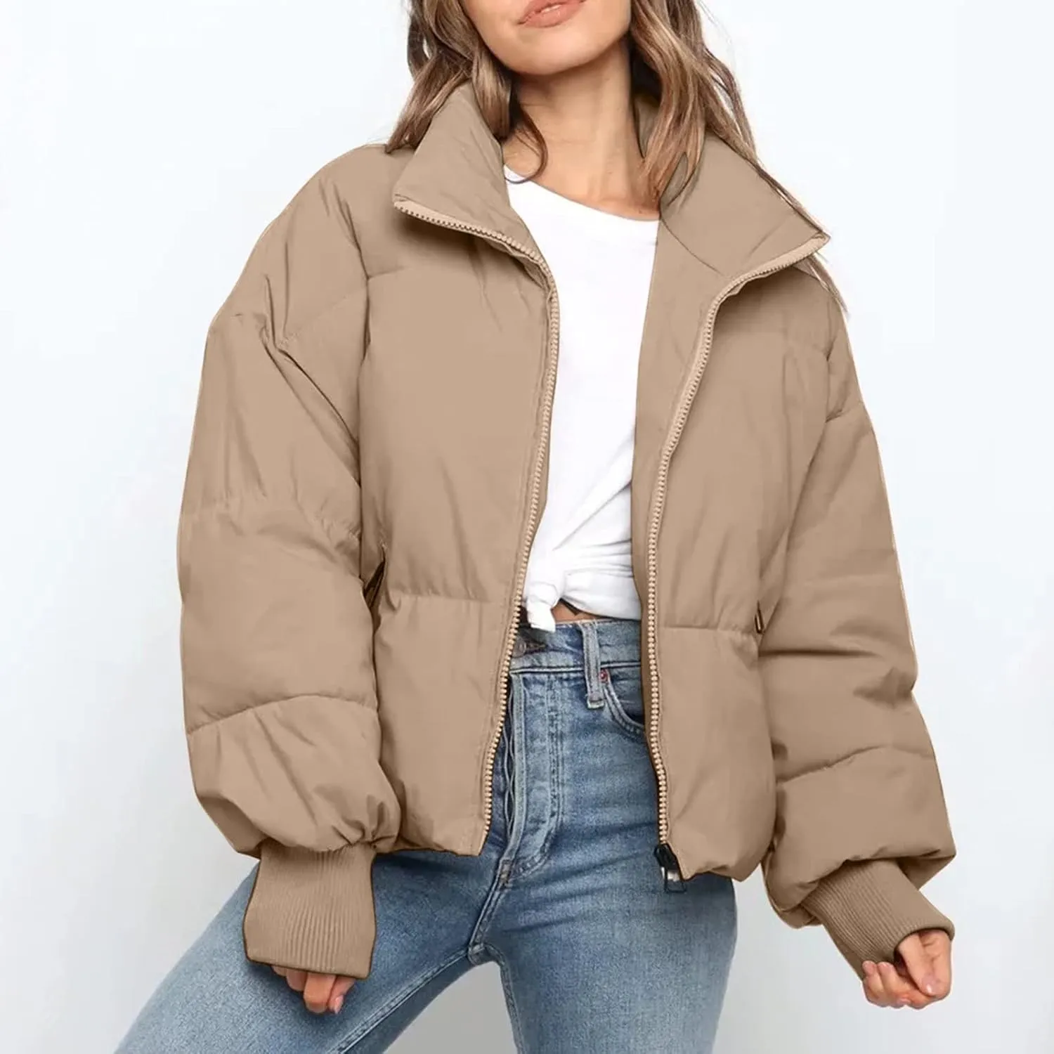 Women' s Winter Cropped Quilted Puffer Jacket Warm Down Coats Lightweight Oversized Zip Stand Collar Casual Outerwear