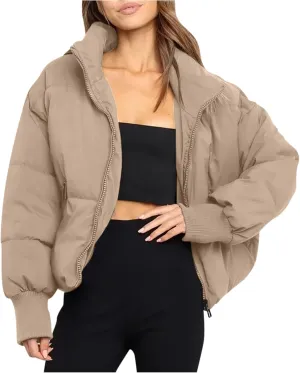 Women' s Winter Cropped Quilted Puffer Jacket Warm Down Coats Lightweight Oversized Zip Stand Collar Casual Outerwear