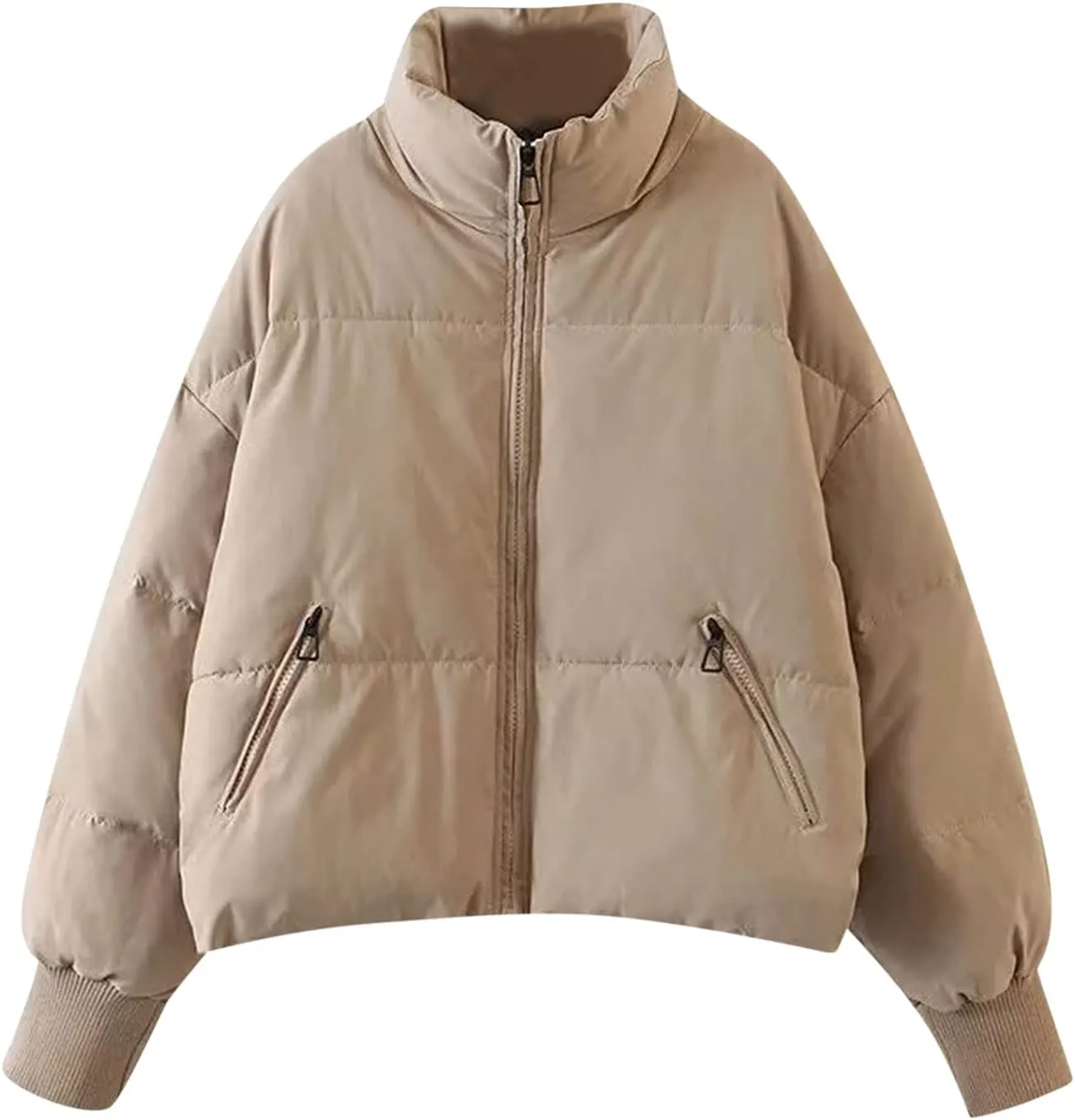 Women' s Winter Cropped Quilted Puffer Jacket Warm Down Coats Lightweight Oversized Zip Stand Collar Casual Outerwear