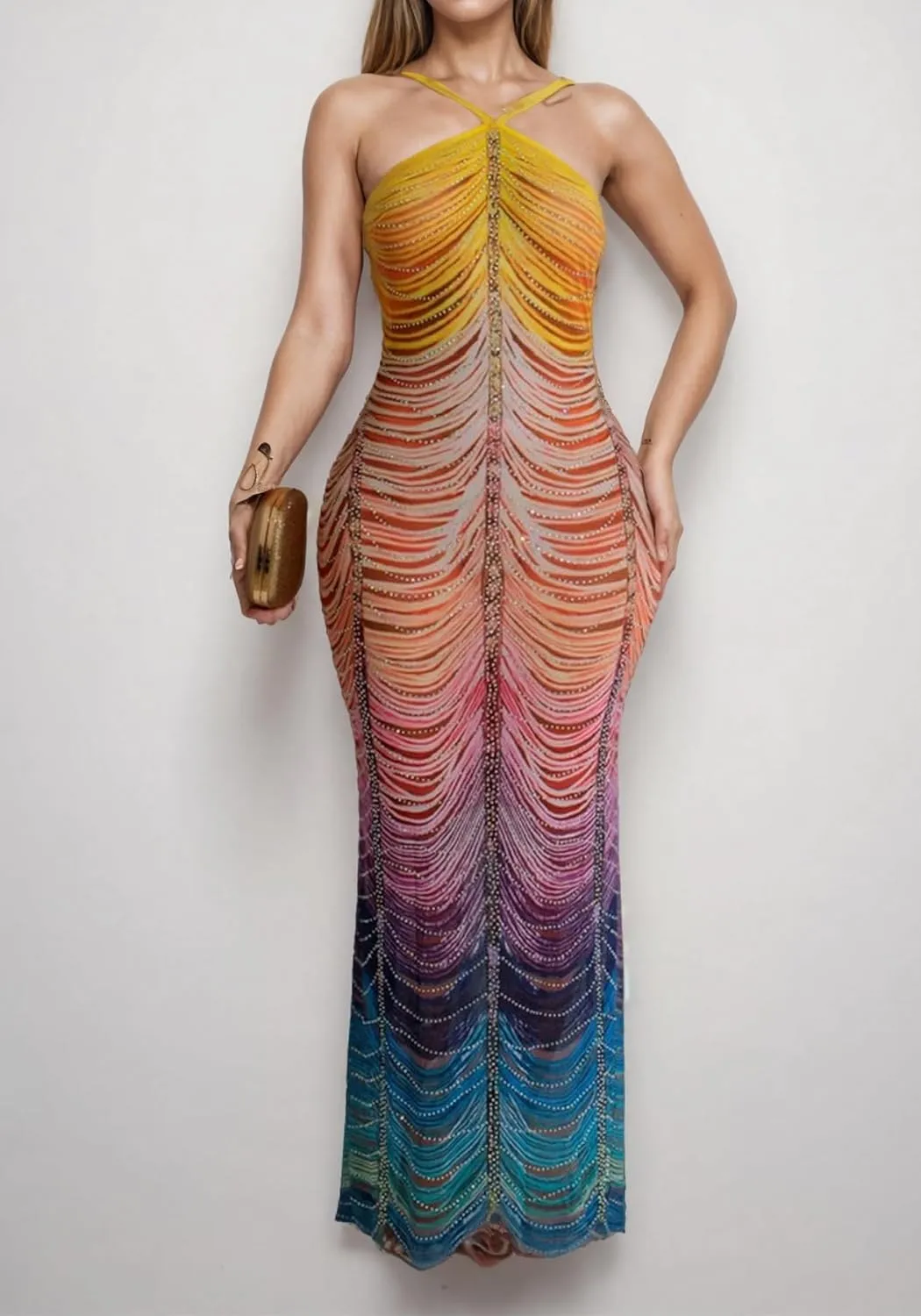 Women Sexy Rhinestone Sparkly Party Dress Spaghetti Strap Halter Bodycon Maxi Dress Club Evening