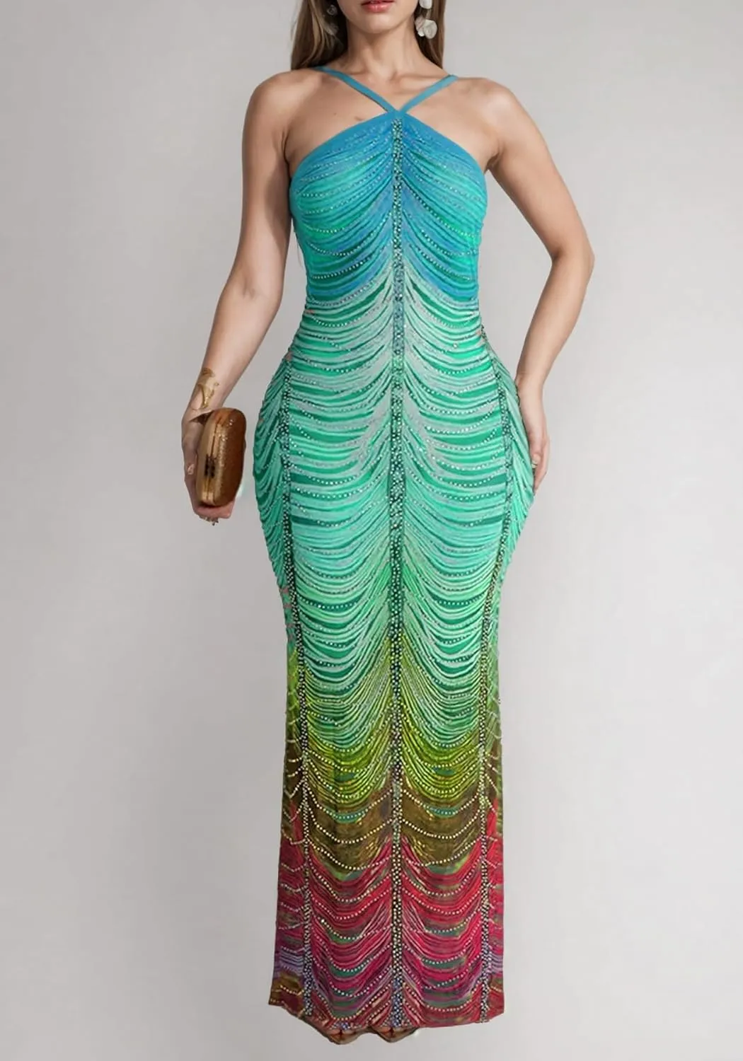 Women Sexy Rhinestone Sparkly Party Dress Spaghetti Strap Halter Bodycon Maxi Dress Club Evening