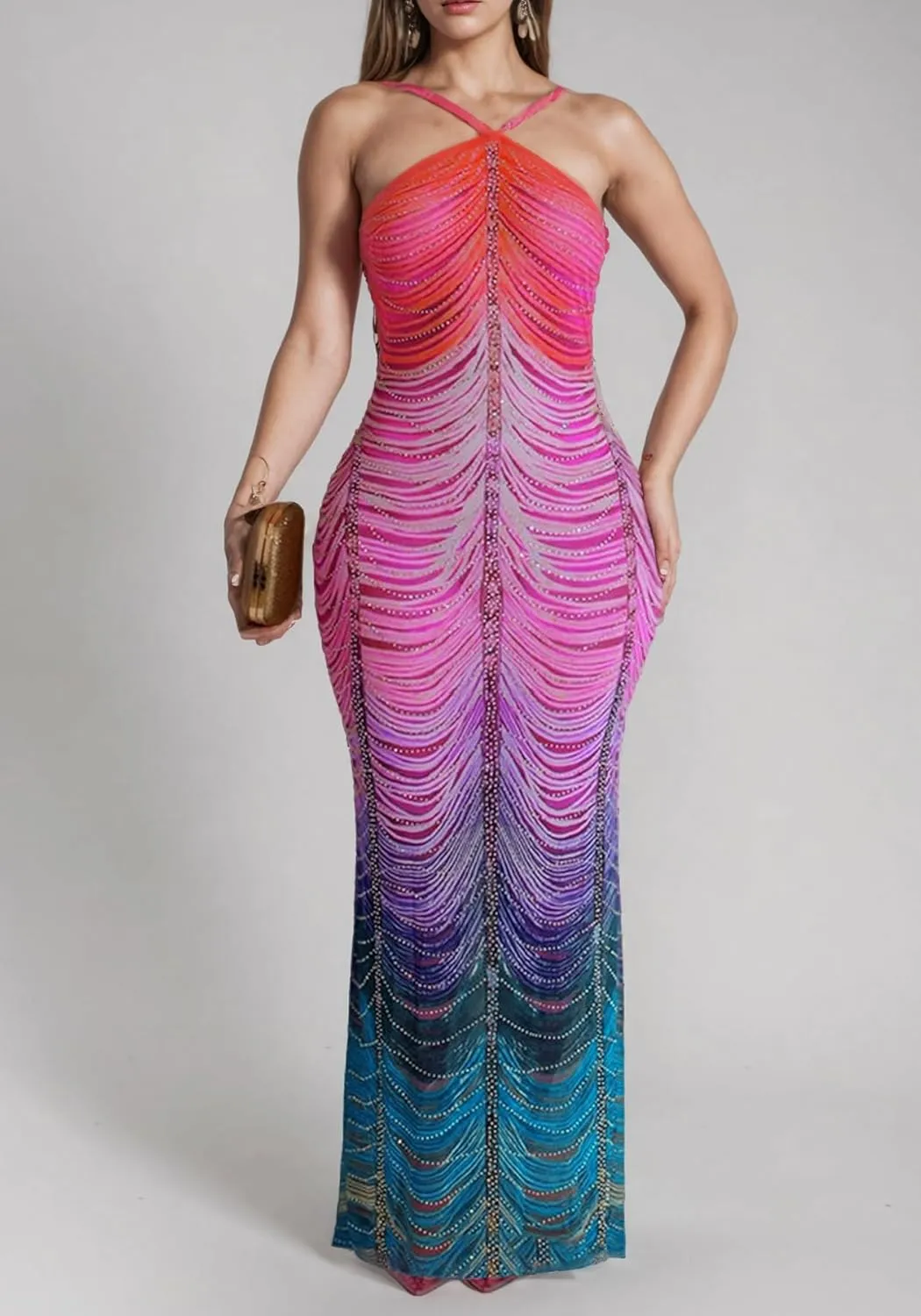 Women Sexy Rhinestone Sparkly Party Dress Spaghetti Strap Halter Bodycon Maxi Dress Club Evening