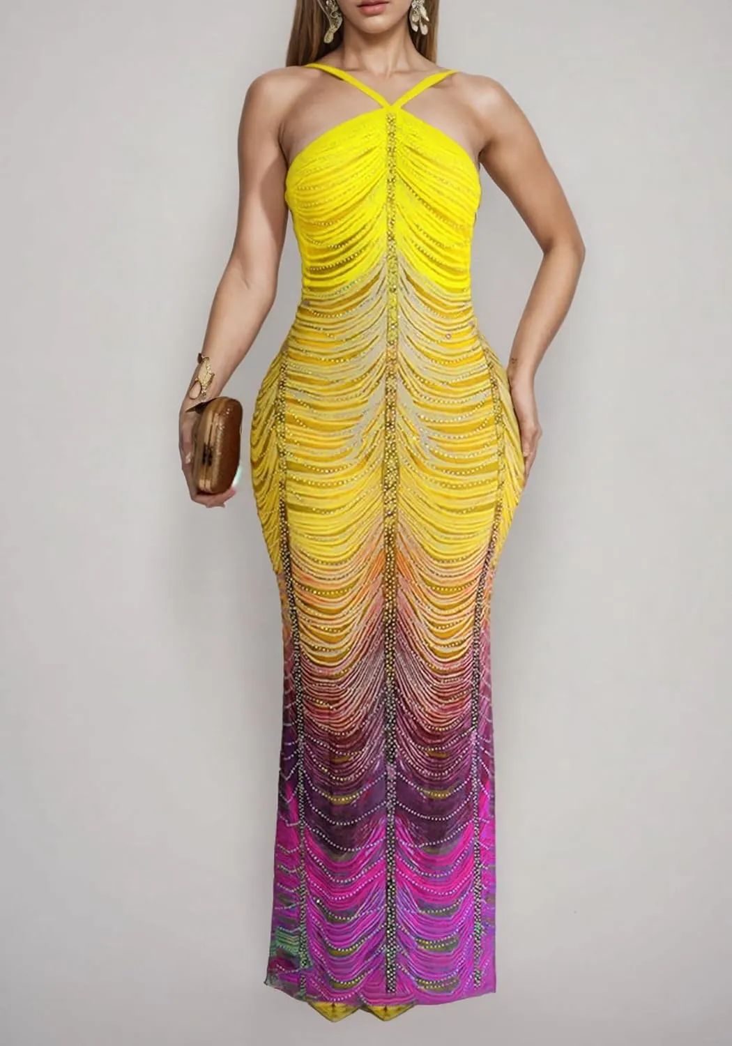 Women Sexy Rhinestone Sparkly Party Dress Spaghetti Strap Halter Bodycon Maxi Dress Club Evening