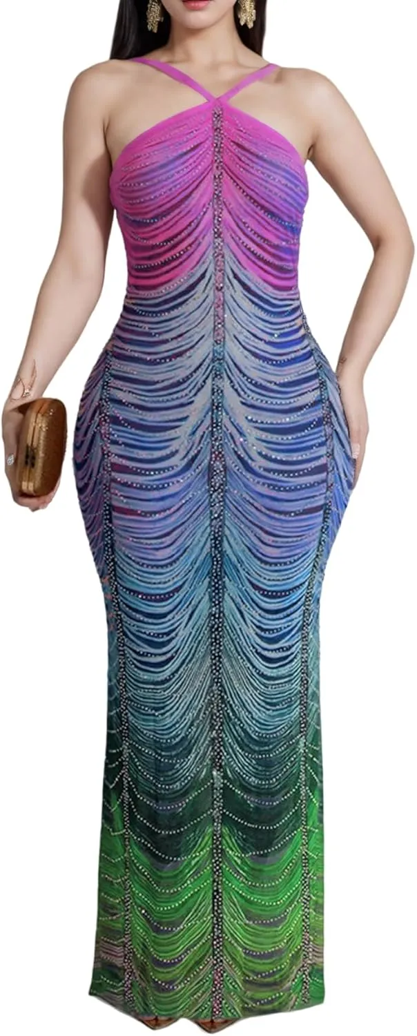 Women Sexy Rhinestone Sparkly Party Dress Spaghetti Strap Halter Bodycon Maxi Dress Club Evening