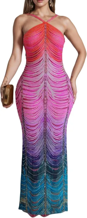 Women Sexy Rhinestone Sparkly Party Dress Spaghetti Strap Halter Bodycon Maxi Dress Club Evening