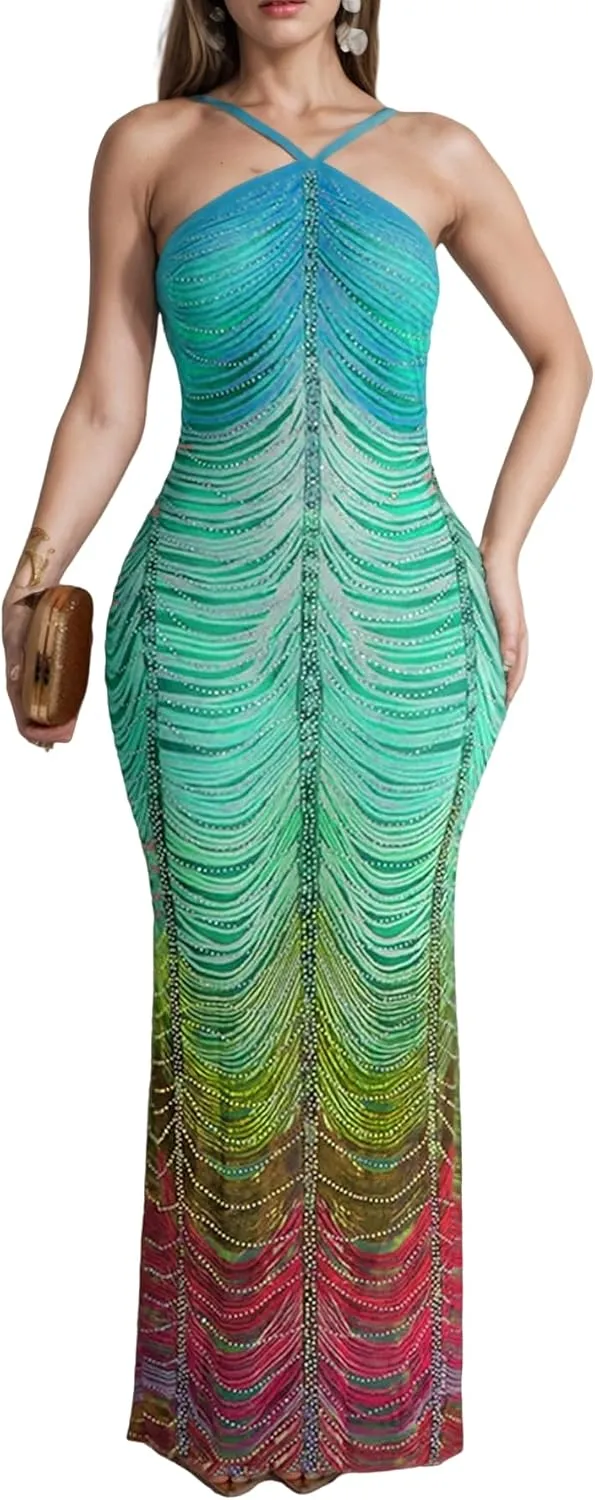 Women Sexy Rhinestone Sparkly Party Dress Spaghetti Strap Halter Bodycon Maxi Dress Club Evening