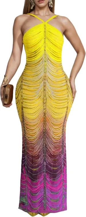 Women Sexy Rhinestone Sparkly Party Dress Spaghetti Strap Halter Bodycon Maxi Dress Club Evening