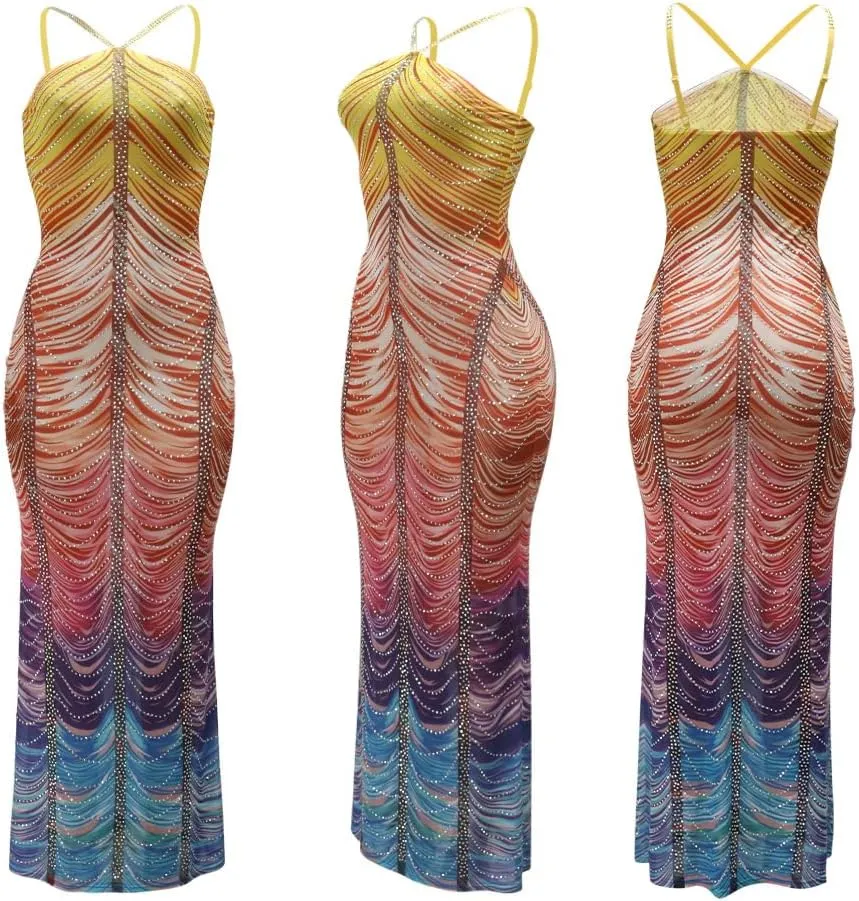 Women Sexy Rhinestone Sparkly Party Dress Spaghetti Strap Halter Bodycon Maxi Dress Club Evening