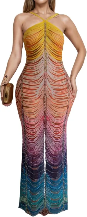 Women Sexy Rhinestone Sparkly Party Dress Spaghetti Strap Halter Bodycon Maxi Dress Club Evening