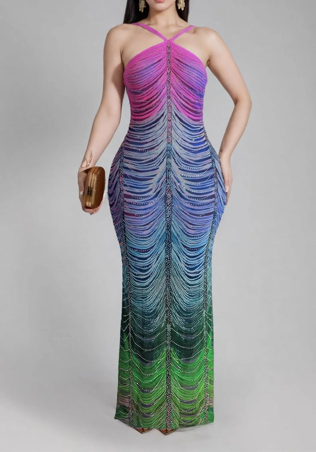 Women Sexy Rhinestone Sparkly Party Dress Spaghetti Strap Halter Bodycon Maxi Dress Club Evening