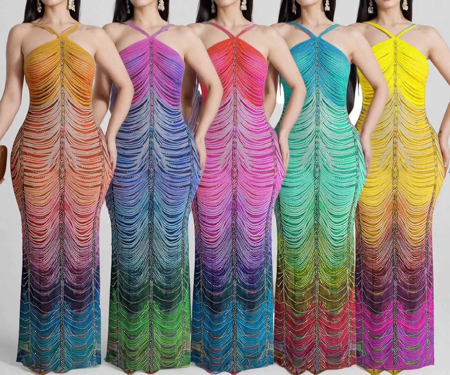 Women Sexy Rhinestone Sparkly Party Dress Spaghetti Strap Halter Bodycon Maxi Dress Club Evening