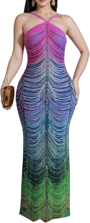 Women Sexy Rhinestone Sparkly Party Dress Spaghetti Strap Halter Bodycon Maxi Dress Club Evening