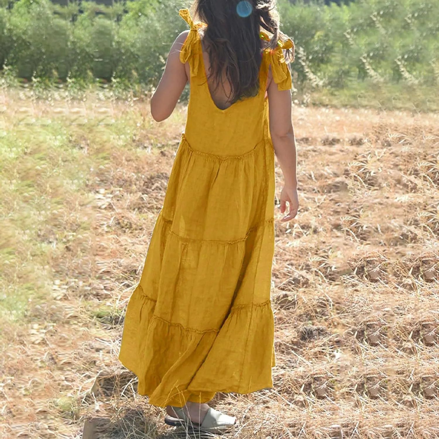 Women Summer Cotton Linen Dress Tie Shoulder Tiered Ruffle Dresses Solid Color Long Beach Vacation Dress