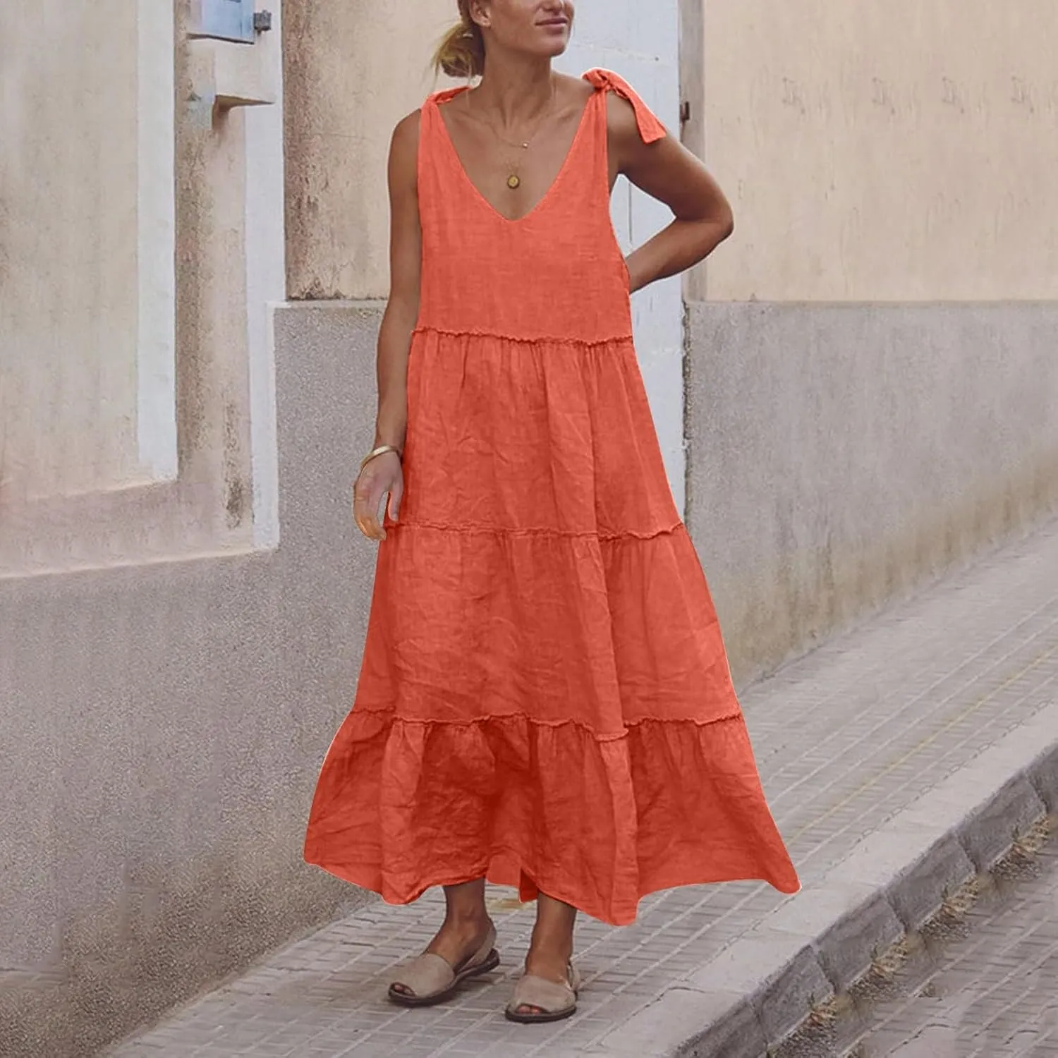 Women Summer Cotton Linen Dress Tie Shoulder Tiered Ruffle Dresses Solid Color Long Beach Vacation Dress