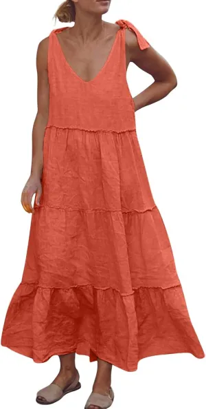 Women Summer Cotton Linen Dress Tie Shoulder Tiered Ruffle Dresses Solid Color Long Beach Vacation Dress
