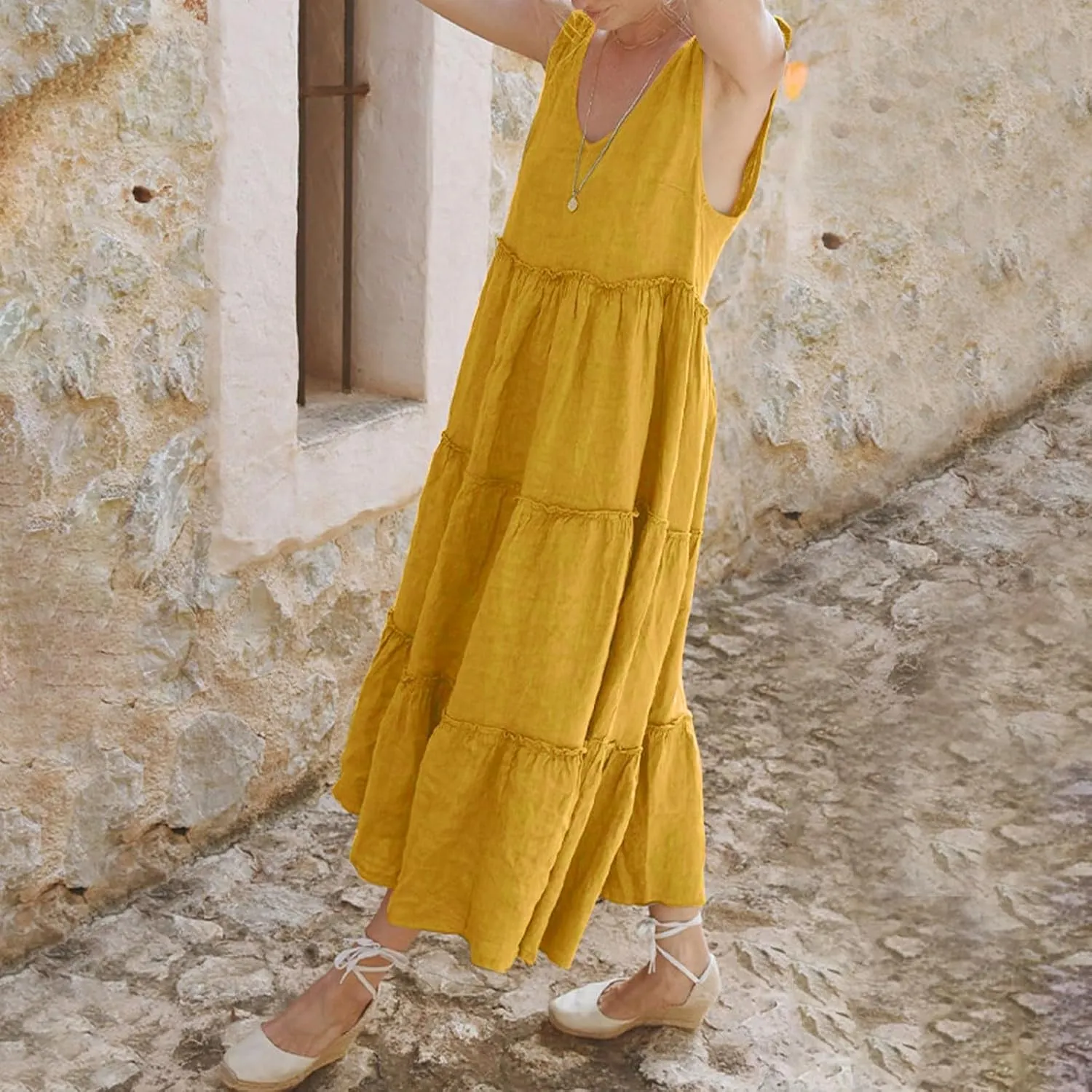 Women Summer Cotton Linen Dress Tie Shoulder Tiered Ruffle Dresses Solid Color Long Beach Vacation Dress