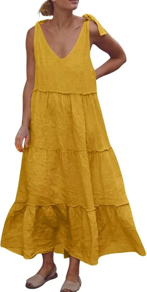 Women Summer Cotton Linen Dress Tie Shoulder Tiered Ruffle Dresses Solid Color Long Beach Vacation Dress