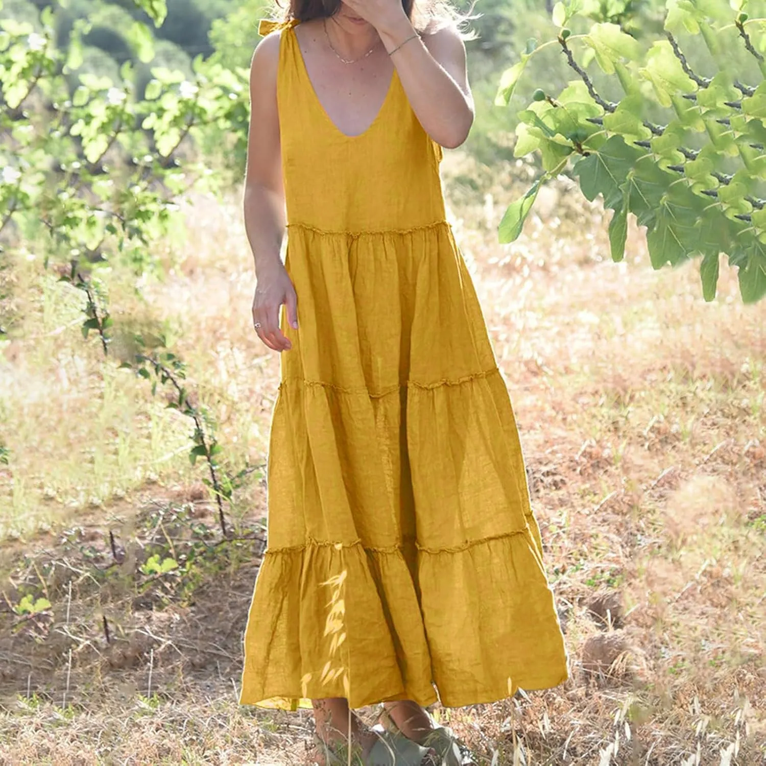 Women Summer Cotton Linen Dress Tie Shoulder Tiered Ruffle Dresses Solid Color Long Beach Vacation Dress