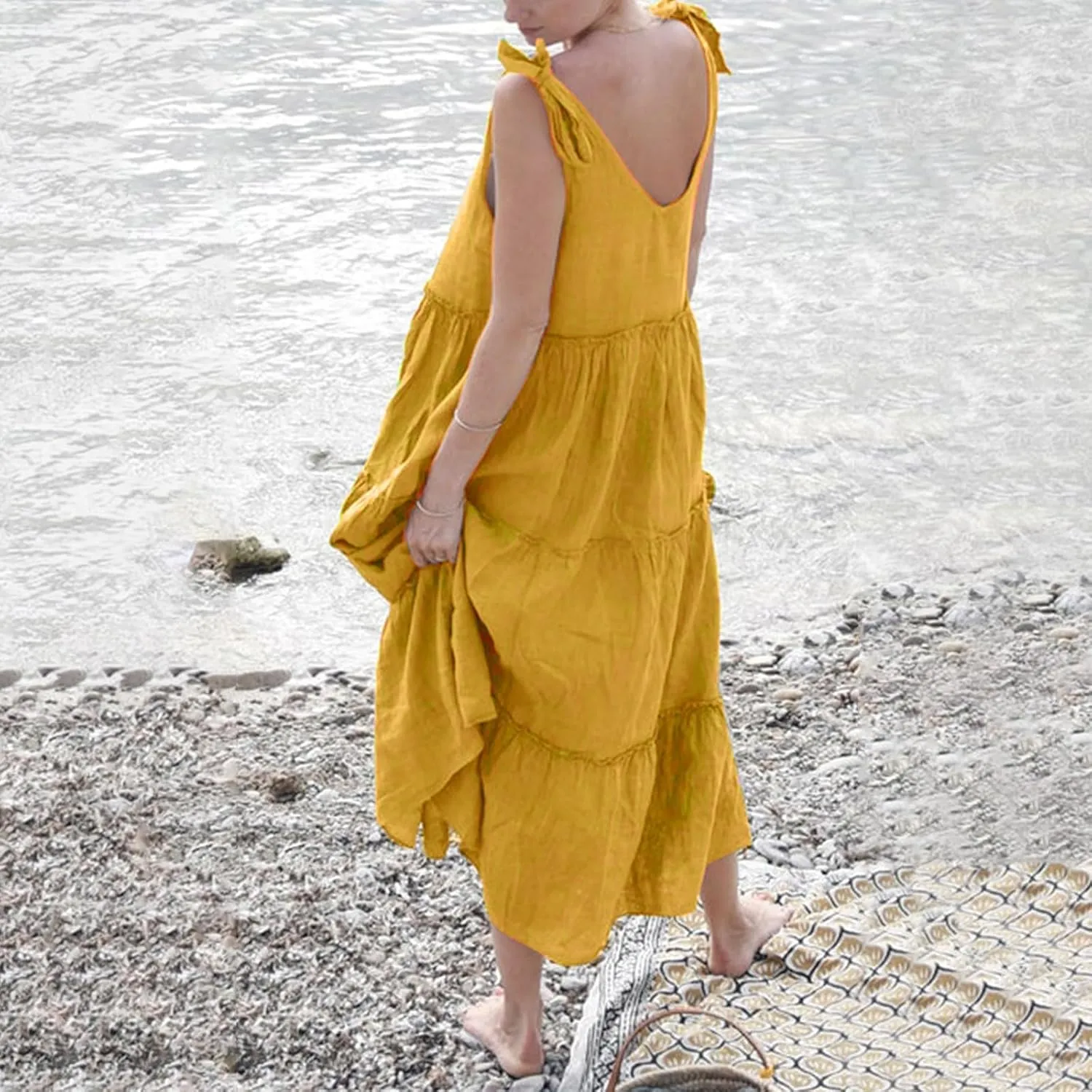 Women Summer Cotton Linen Dress Tie Shoulder Tiered Ruffle Dresses Solid Color Long Beach Vacation Dress