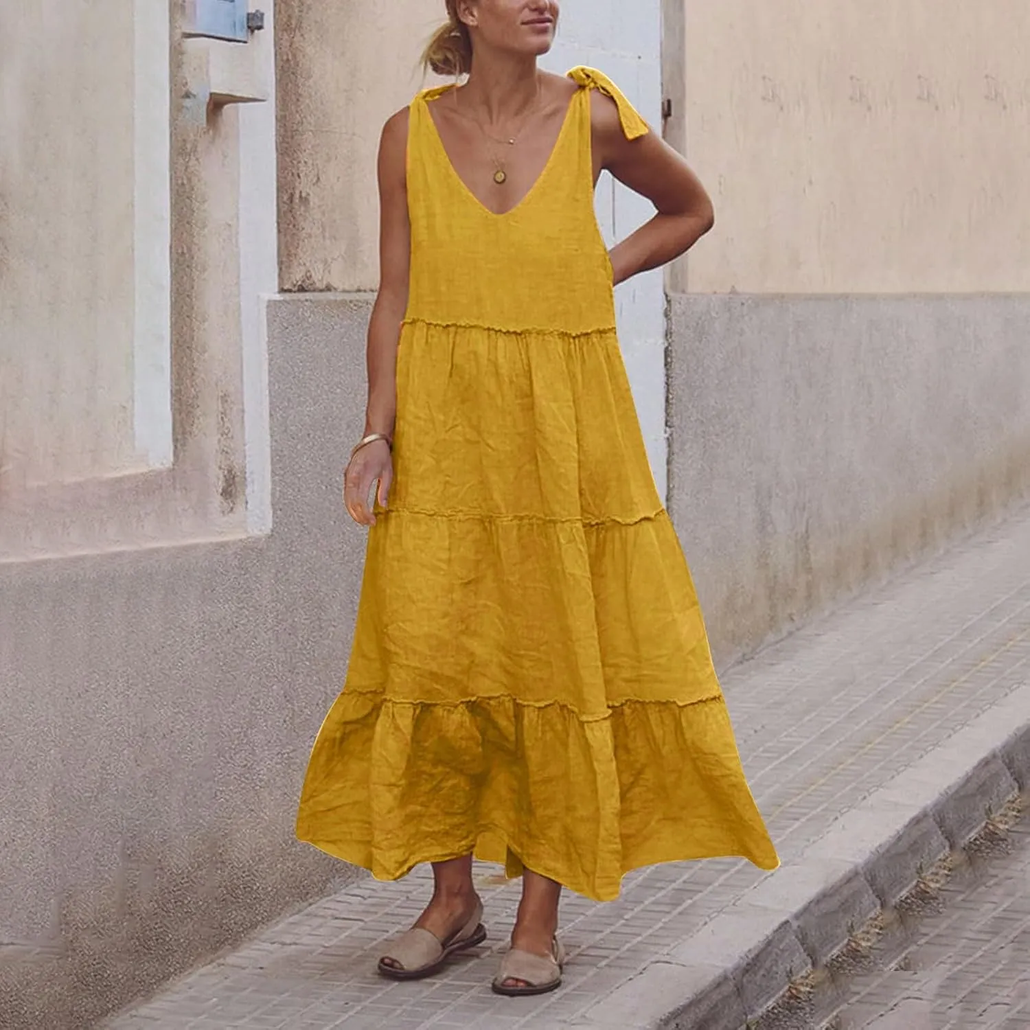 Women Summer Cotton Linen Dress Tie Shoulder Tiered Ruffle Dresses Solid Color Long Beach Vacation Dress