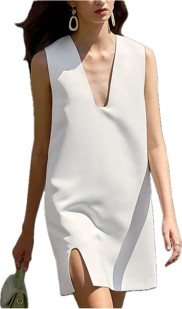 Women Summer White Deep V-Neck Sleeveless Sexy Mini Dress Slim Fit Slip Dresses Short Skirt