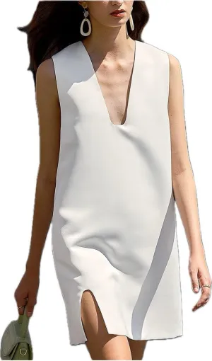 Women Summer White Deep V-Neck Sleeveless Sexy Mini Dress Slim Fit Slip Dresses Short Skirt