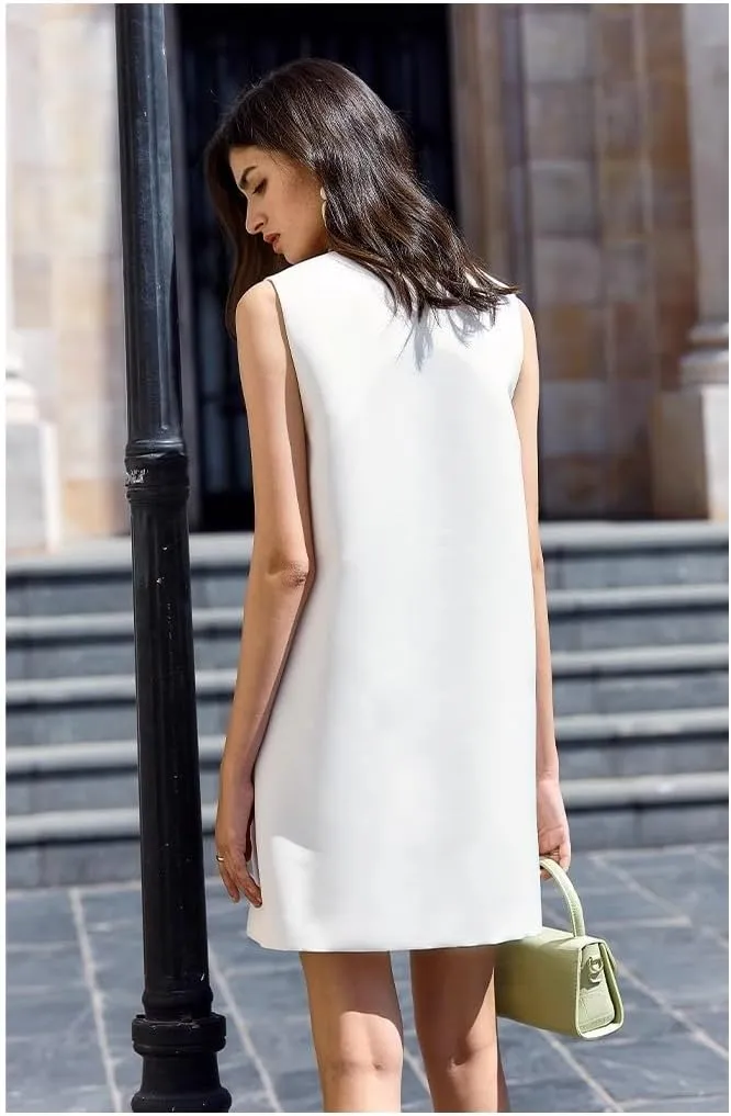Women Summer White Deep V-Neck Sleeveless Sexy Mini Dress Slim Fit Slip Dresses Short Skirt