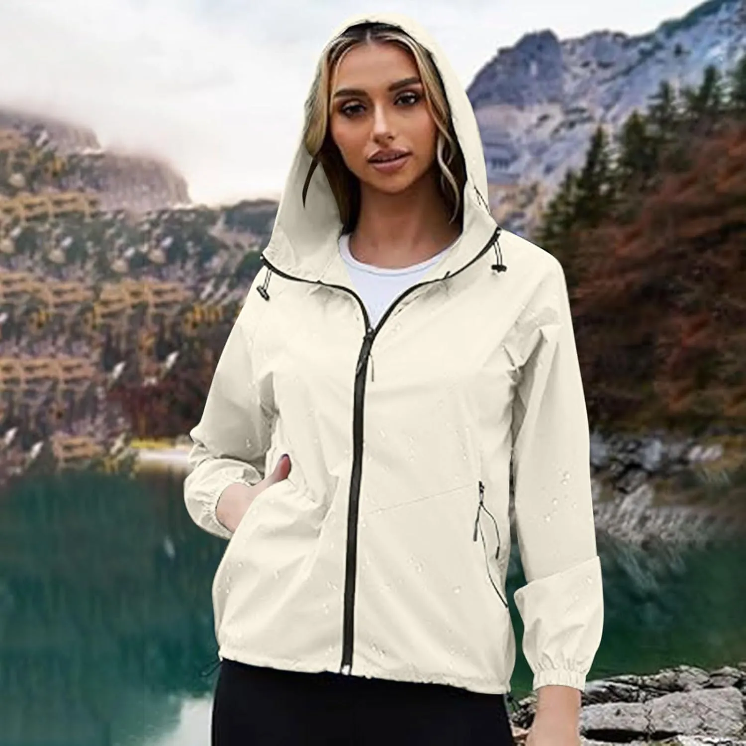 Women Waterproof Hiking Raincoat Outdoor Lined Rain Jacket Lightweight Hooded Jackets Trench Coats Fall Jacket 2024