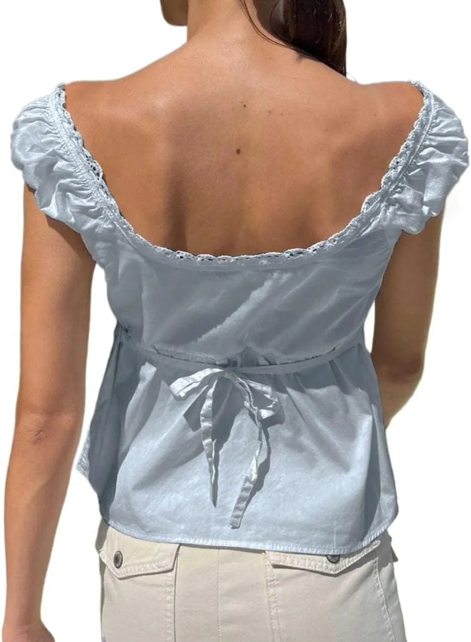 Womens 2025 Fashion Blouses Shirts Casual Solid Color Lace Trim Blouse Peplum Top Top