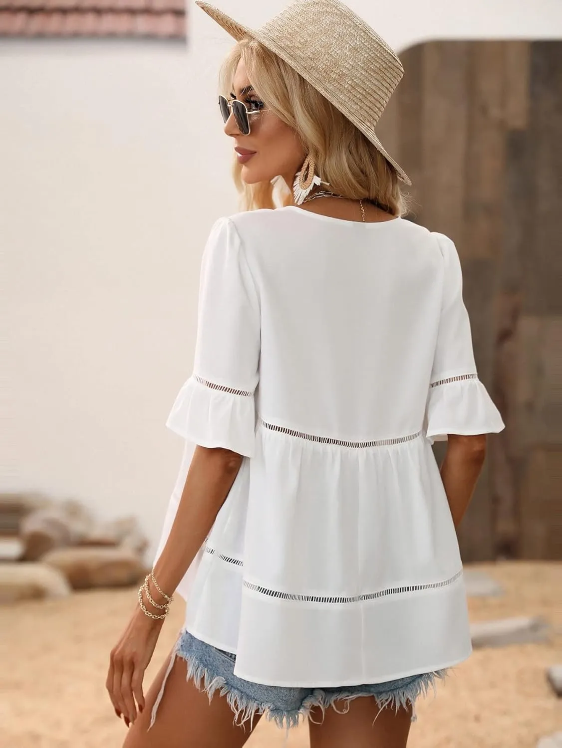 Womens 2025 Fashion Blouses Shirts Guipure Lace Flounce Sleeve Ruffle Hem Blouse Peplum Top Top