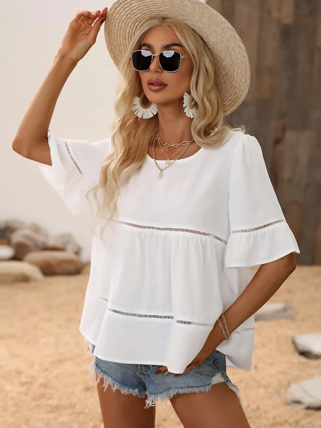 Womens 2025 Fashion Blouses Shirts Guipure Lace Flounce Sleeve Ruffle Hem Blouse Peplum Top Top