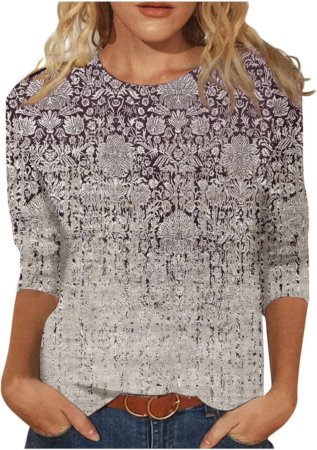 Womens 3/4 Length Sleeve Tops 2024, Valentines and Casual Fashion Style Shirts Crew Neck Loose-Fitting Blouses