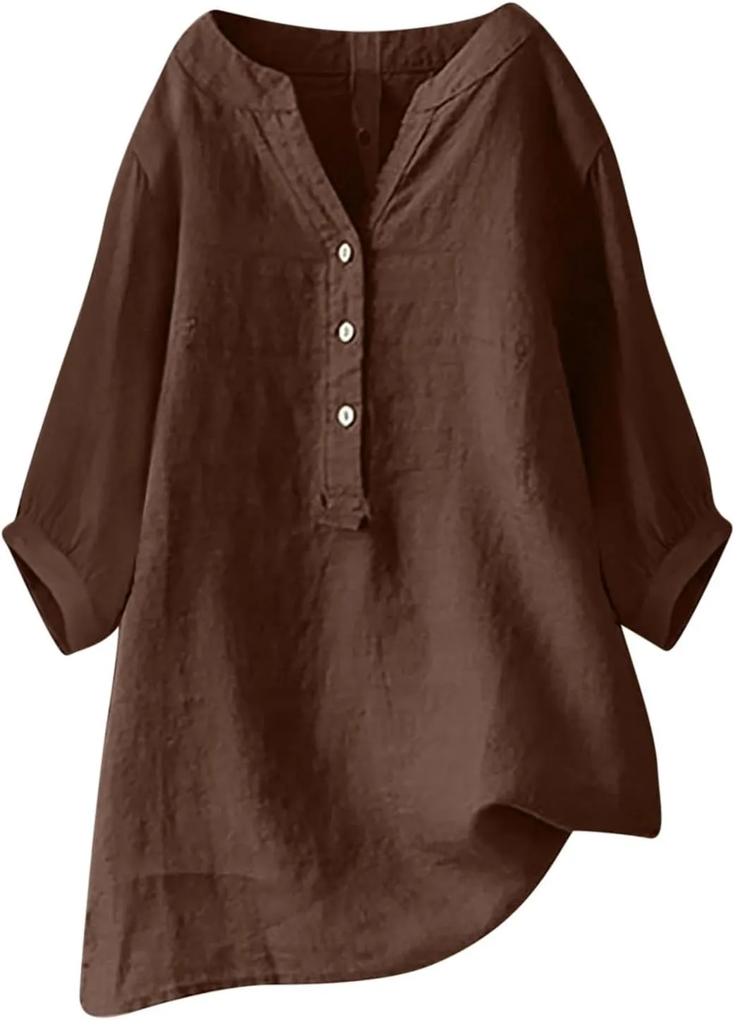 Women's 3/4 Sleeve Tops Trendy Summer 2025 Cotton Linen V Neck T-Shirts Slim Tunic Button Blouses Casual Vacation Outfit