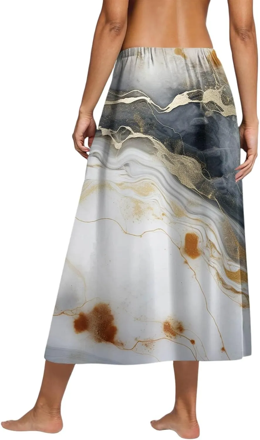 Womens A-Line Midi Skirts Casual Elastic High Waist Flowy Swing Pleated Beach Boho Long Skirt with Pocket