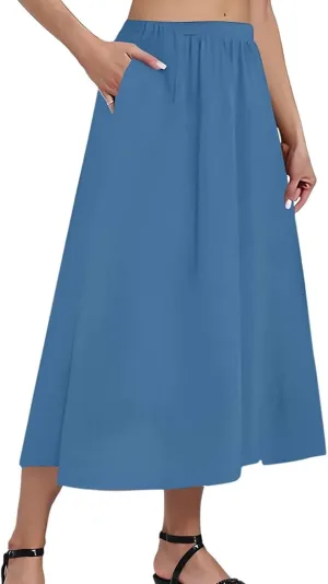 Womens A-Line Midi Skirts Casual Elastic High Waist Flowy Swing Pleated Beach Boho Long Skirt with Pocket