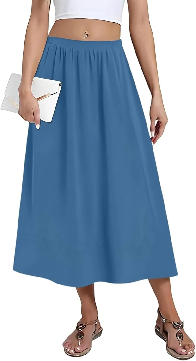 Womens A-Line Midi Skirts Casual Elastic High Waist Flowy Swing Pleated Beach Boho Long Skirt with Pocket