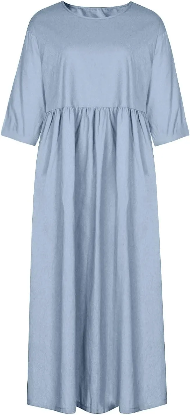Women's Beach Vacation Clothes Summer Casual Loose Trendy Short Sleeve Round Neck Solid Vacation Dress Plus Size, S-5XL