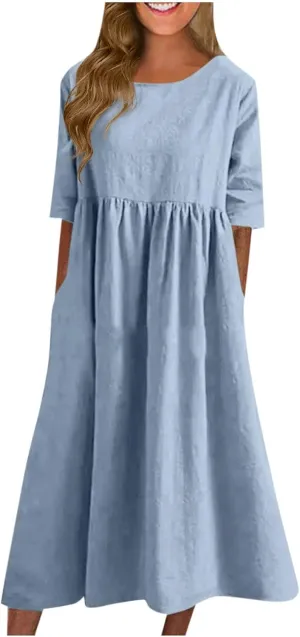 Women's Beach Vacation Clothes Summer Casual Loose Trendy Short Sleeve Round Neck Solid Vacation Dress Plus Size, S-5XL