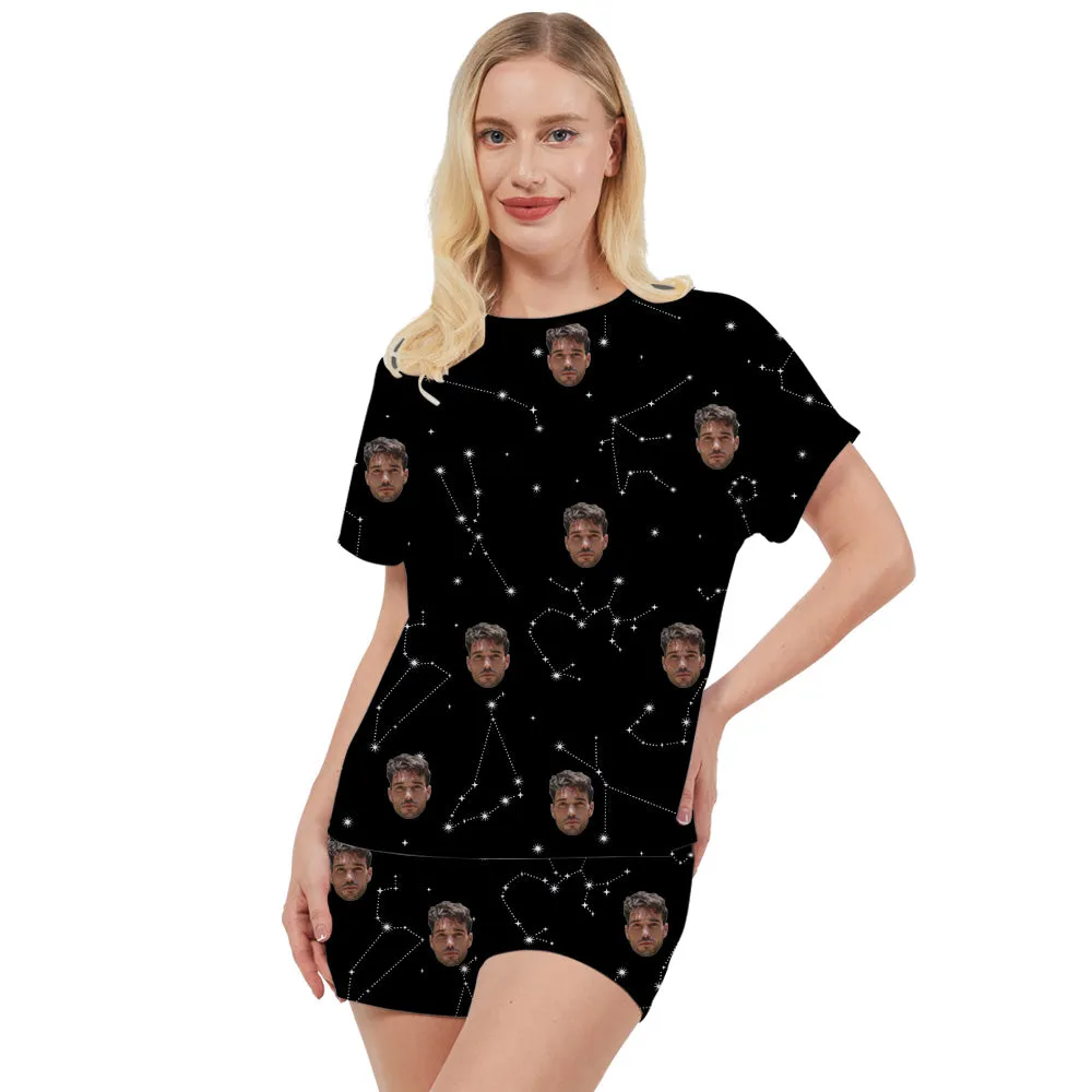 Women's Black Pajamas Short Sleeve & Shorts Set Constellation Lovers