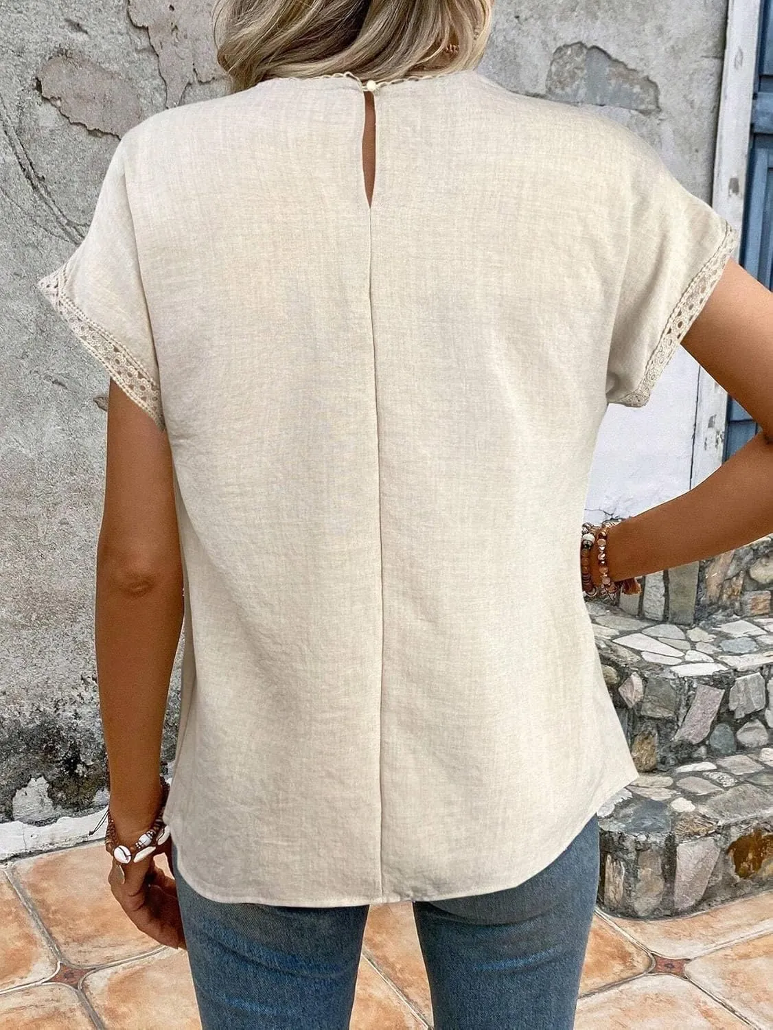 Women's Blouses Shirts Casual Solid Color Lace Trim Batwing Sleeve Blouse Trendy Tshirts Tops