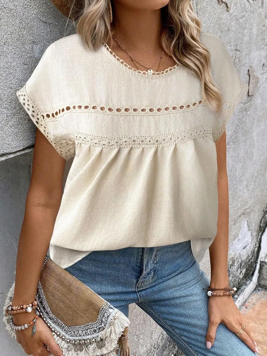 Women's Blouses Shirts Casual Solid Color Lace Trim Batwing Sleeve Blouse Trendy Tshirts Tops