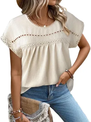 Women's Blouses Shirts Casual Solid Color Lace Trim Batwing Sleeve Blouse Trendy Tshirts Tops
