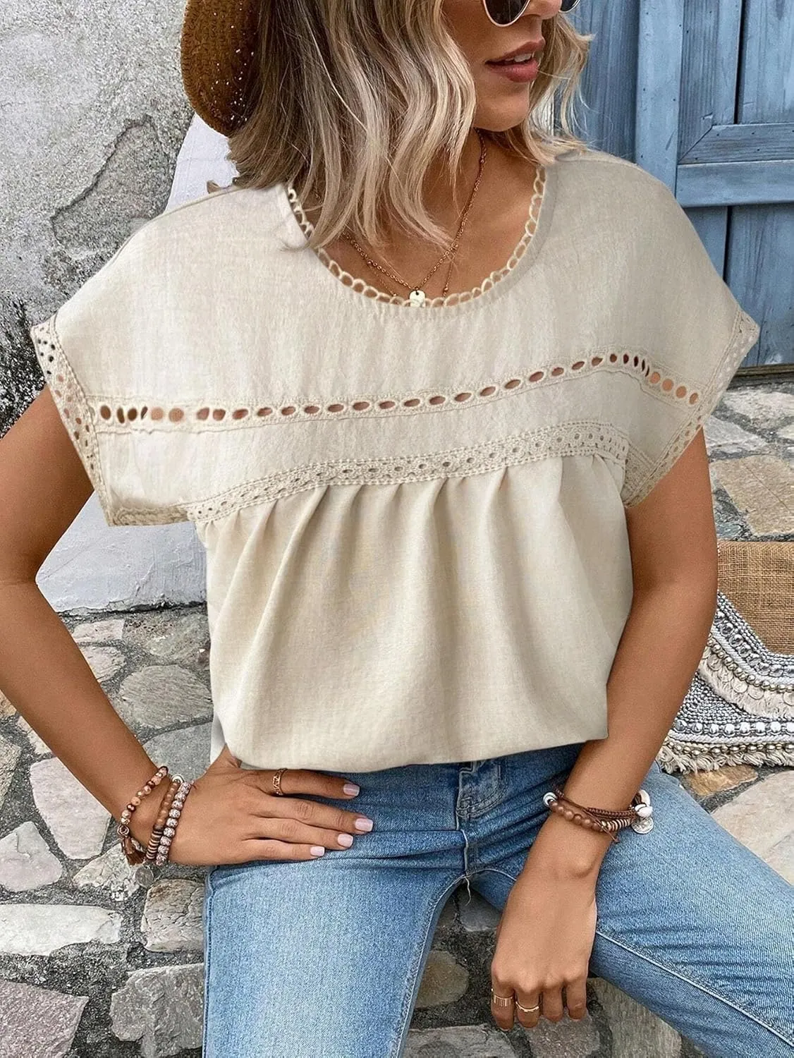 Women's Blouses Shirts Casual Solid Color Lace Trim Batwing Sleeve Blouse Trendy Tshirts Tops