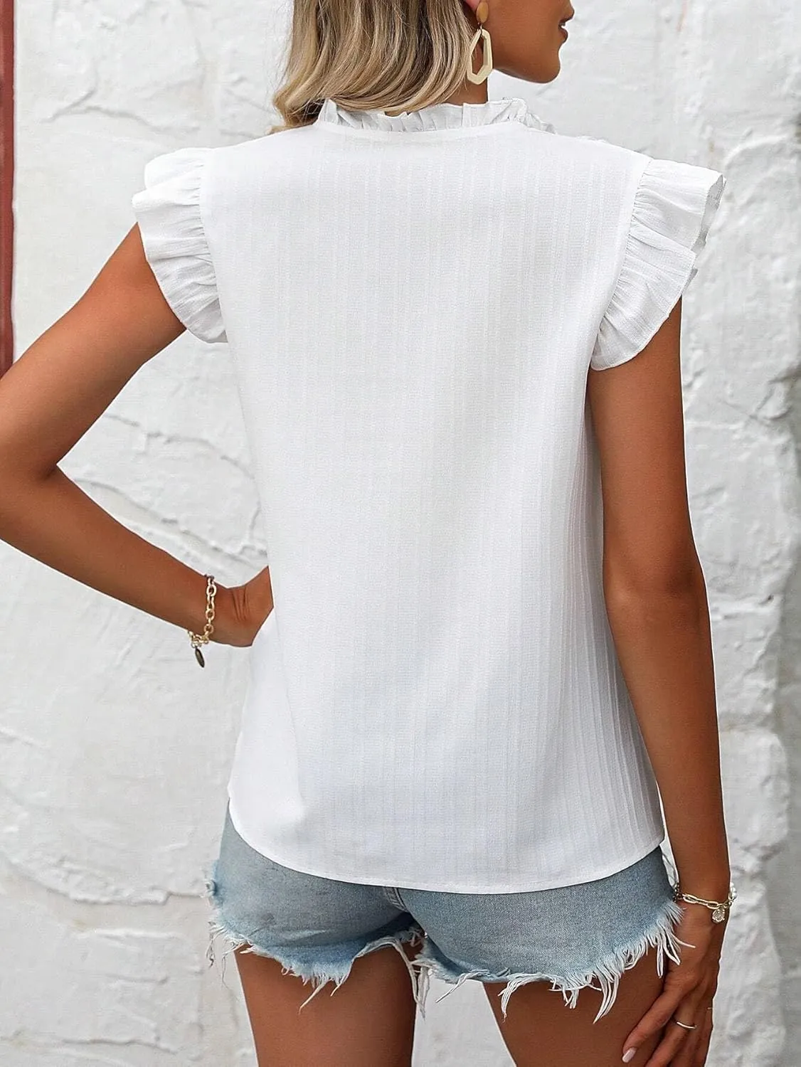 Women's Blouses Shirts Floral Embroidery Tie Neck Ruffle Trim Guipure Lace Blouse Trendy Tshirts Tops