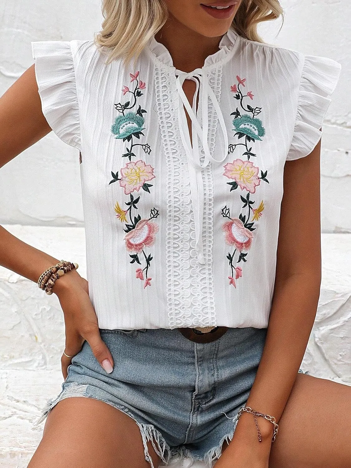 Women's Blouses Shirts Floral Embroidery Tie Neck Ruffle Trim Guipure Lace Blouse Trendy Tshirts Tops