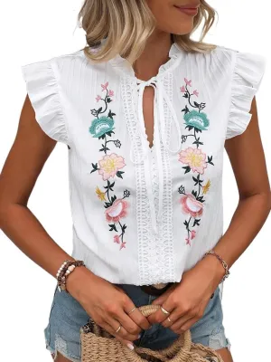 Women's Blouses Shirts Floral Embroidery Tie Neck Ruffle Trim Guipure Lace Blouse Trendy Tshirts Tops
