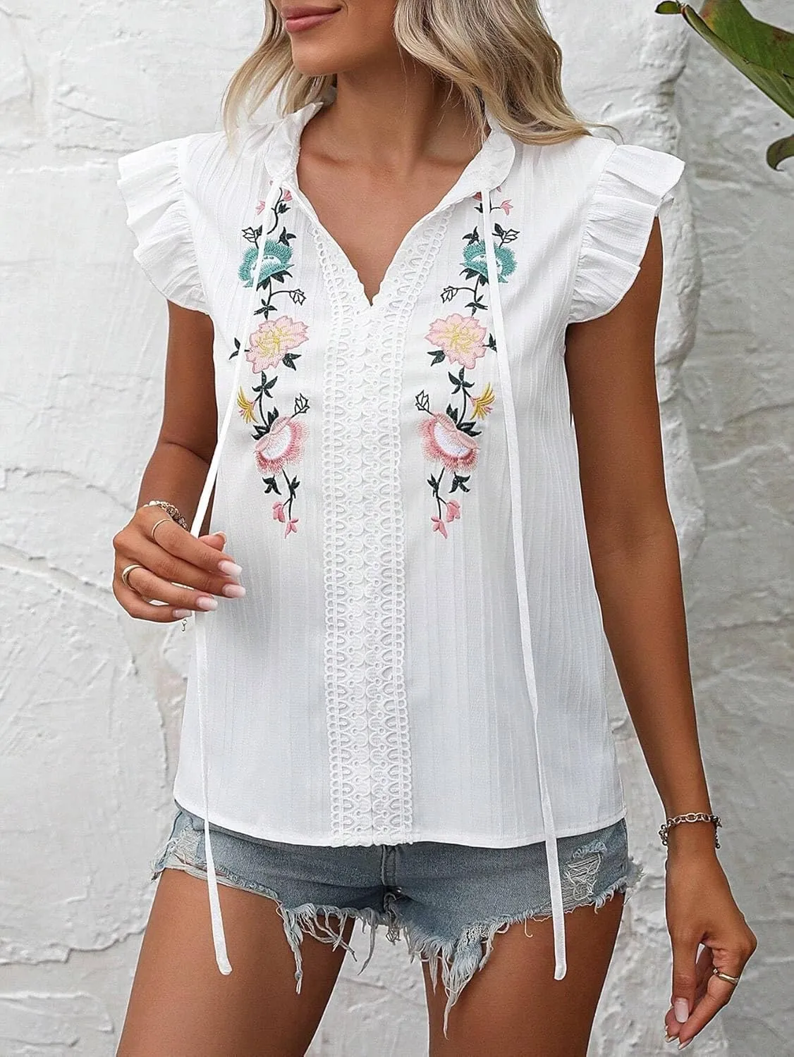Women's Blouses Shirts Floral Embroidery Tie Neck Ruffle Trim Guipure Lace Blouse Trendy Tshirts Tops