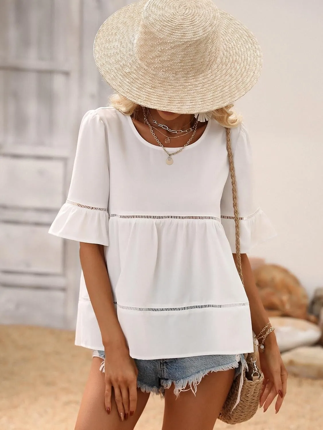 Women's Blouses Shirts Guipure Lace Insert Flounce Sleeve Ruffle Hem Blouse Peplum Top Trendy Tshirts Tops